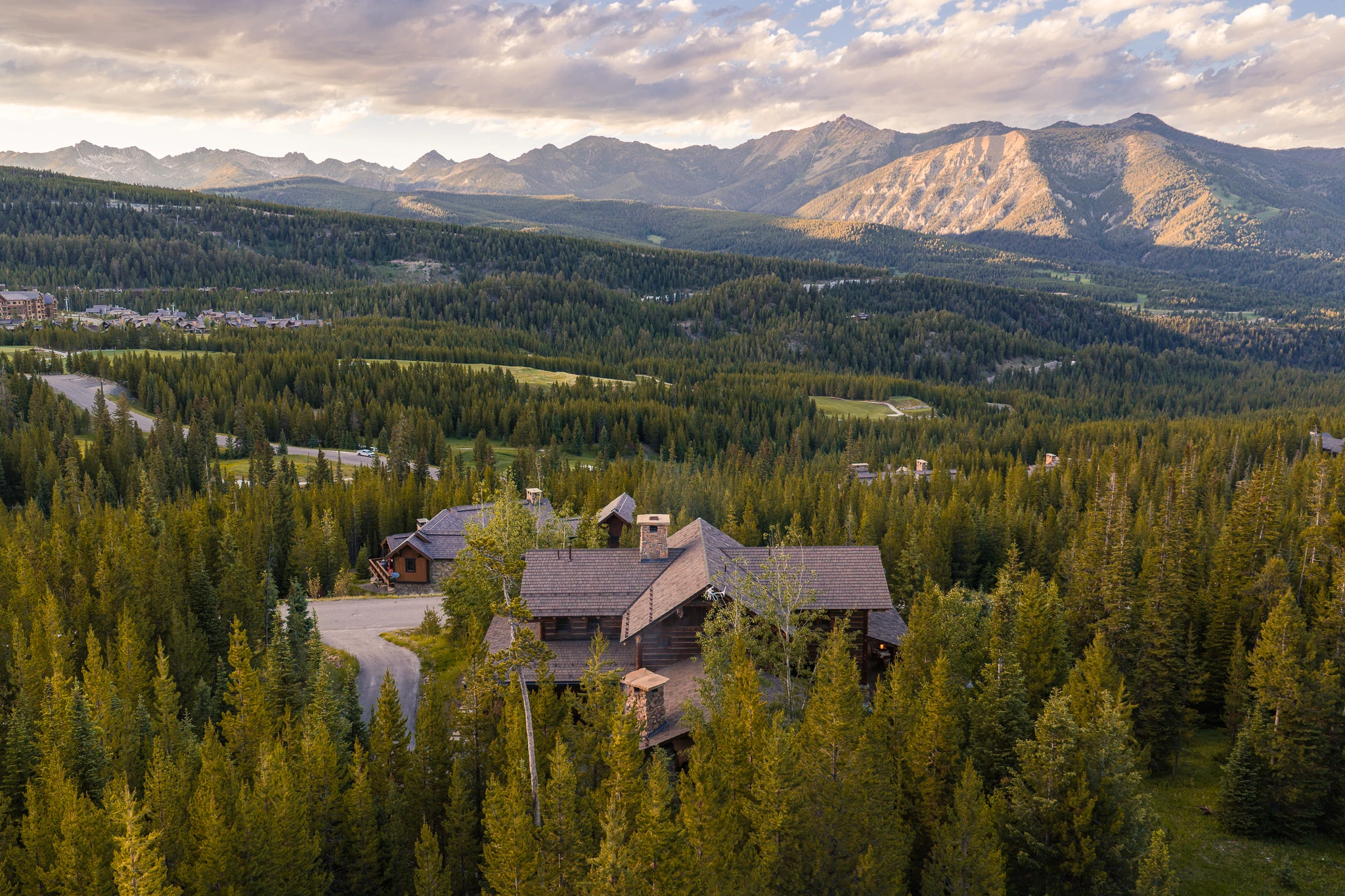 Aerial view among the pines — architectural photography Big Sky Montana, Club Ridge